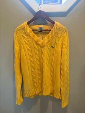 Vintage Lacoste Yellow V-Neck Cable Knit Sweater